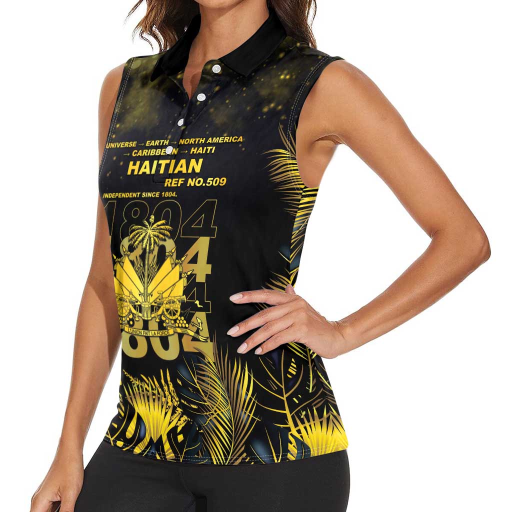 Haiti 1804 Women Sleeveless Polo Shirt Gold Tropical Leaves And Coat Of Arms - Wonder Print Shop