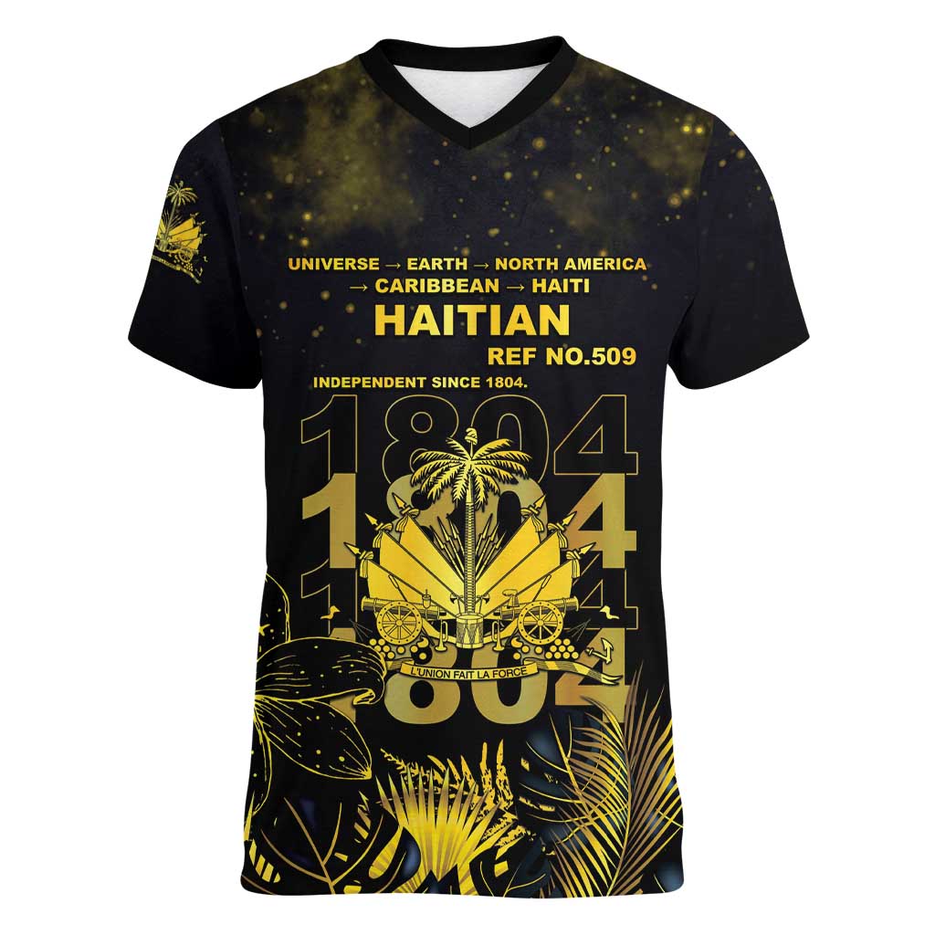 Haiti 1804 Women V-Neck T-Shirt Gold Tropical Leaves And Coat Of Arms - Wonder Print Shop