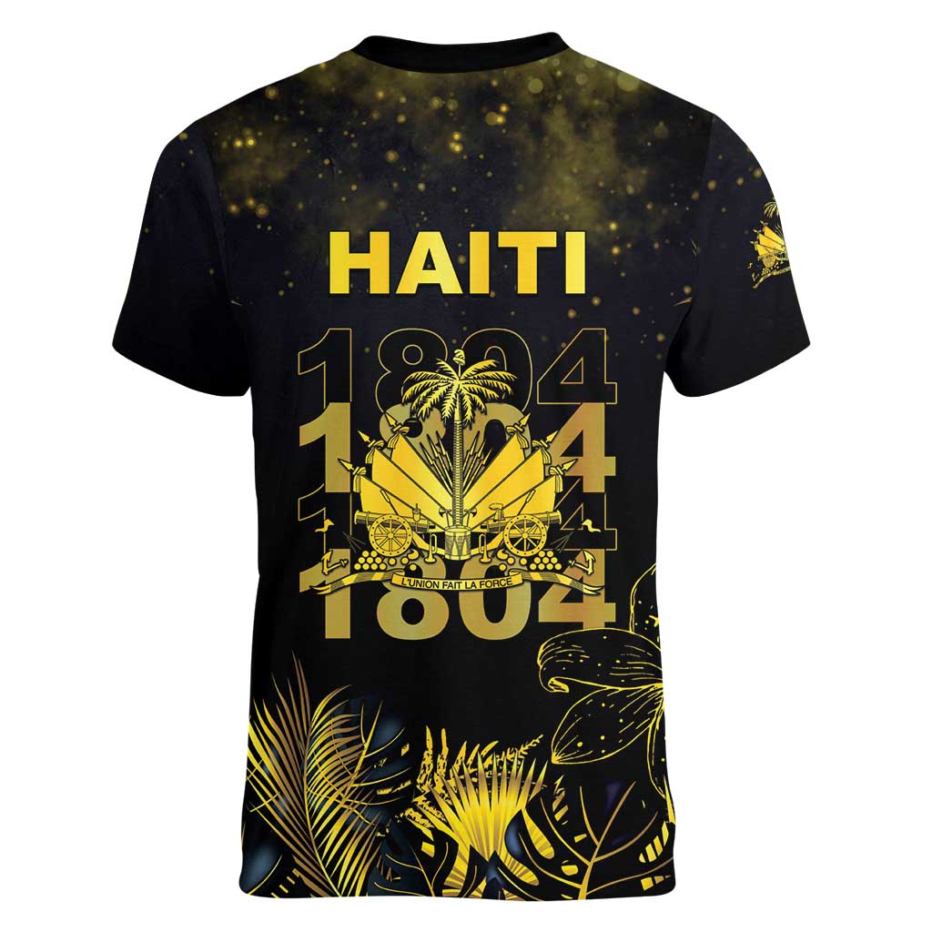 Haiti 1804 Women V-Neck T-Shirt Gold Tropical Leaves And Coat Of Arms - Wonder Print Shop
