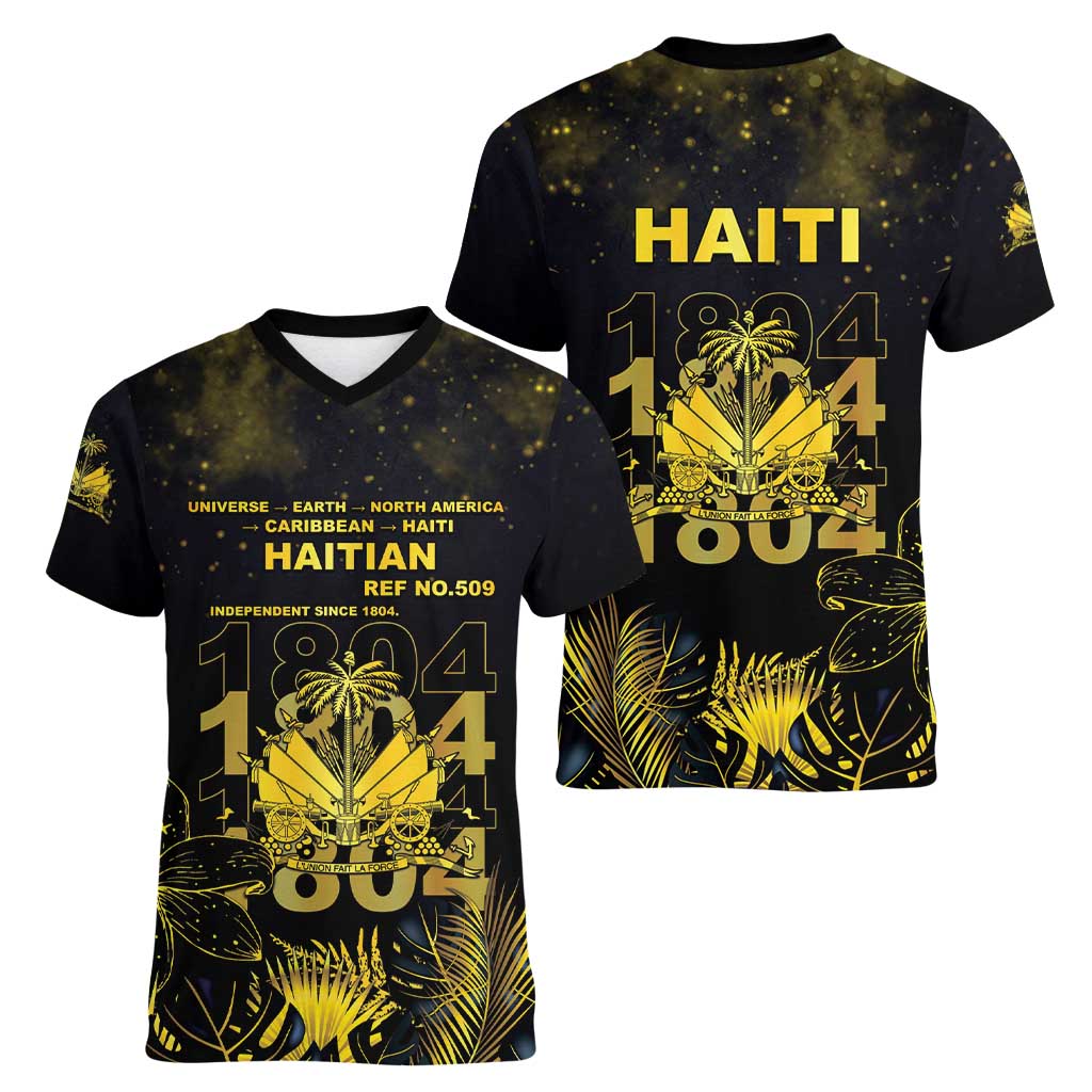 Haiti 1804 Women V-Neck T-Shirt Gold Tropical Leaves And Coat Of Arms - Wonder Print Shop