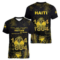 Haiti 1804 Women V-Neck T-Shirt Gold Tropical Leaves And Coat Of Arms - Wonder Print Shop