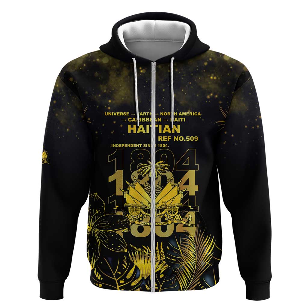 Haiti 1804 Zip Hoodie Gold Tropical Leaves And Coat Of Arms - Wonder Print Shop