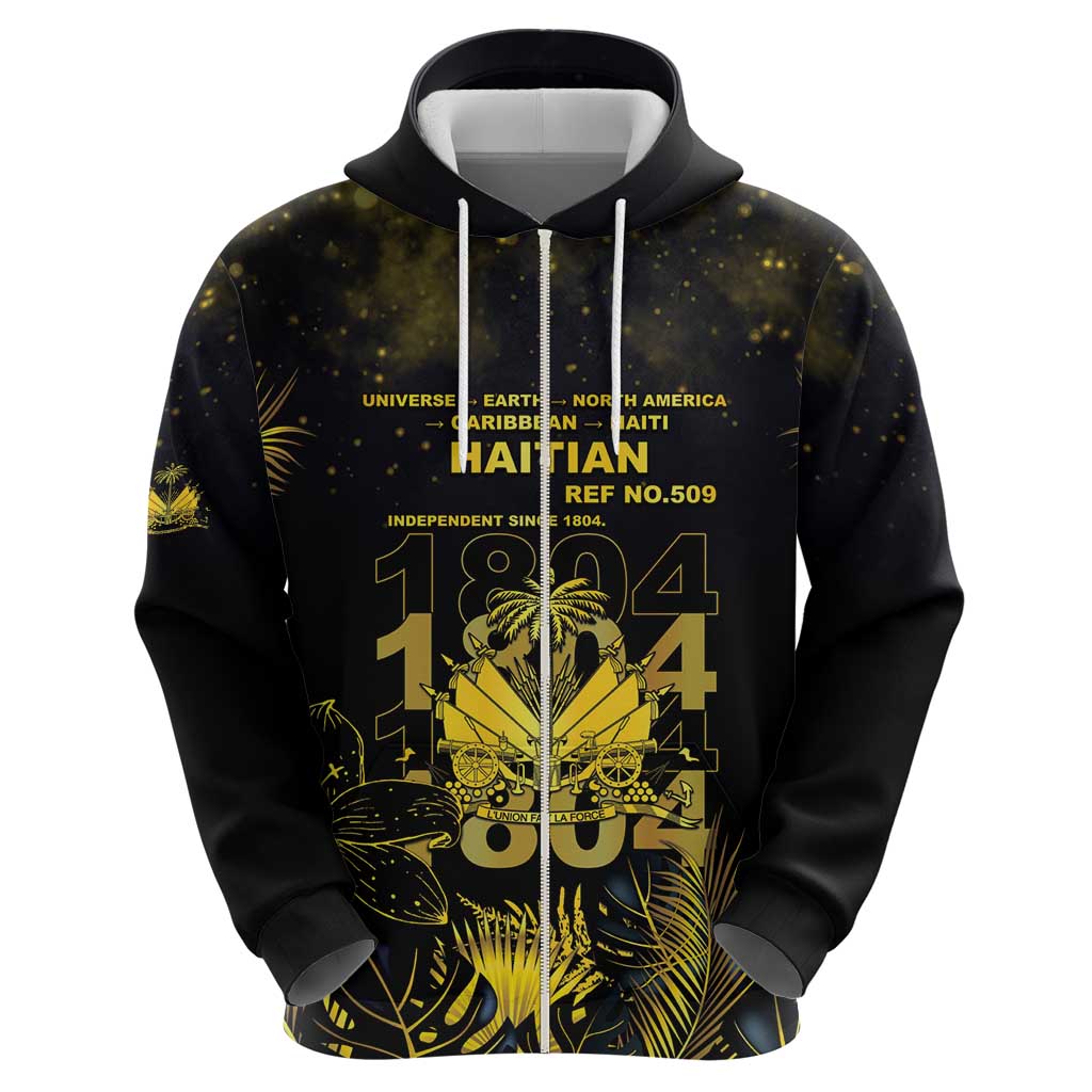 Haiti 1804 Zip Hoodie Gold Tropical Leaves And Coat Of Arms - Wonder Print Shop