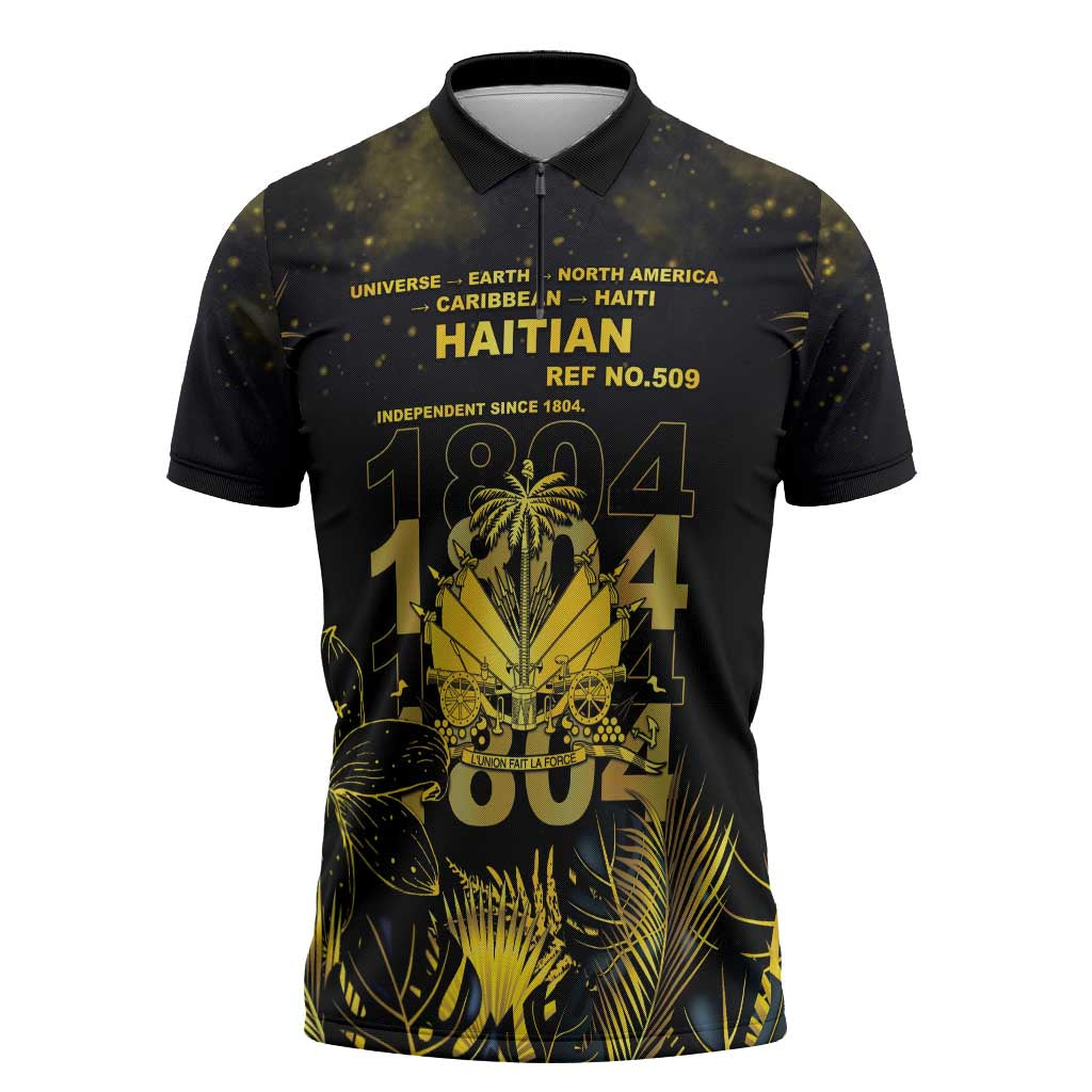 Haiti 1804 Zipper Polo Shirt Gold Tropical Leaves And Coat Of Arms - Wonder Print Shop
