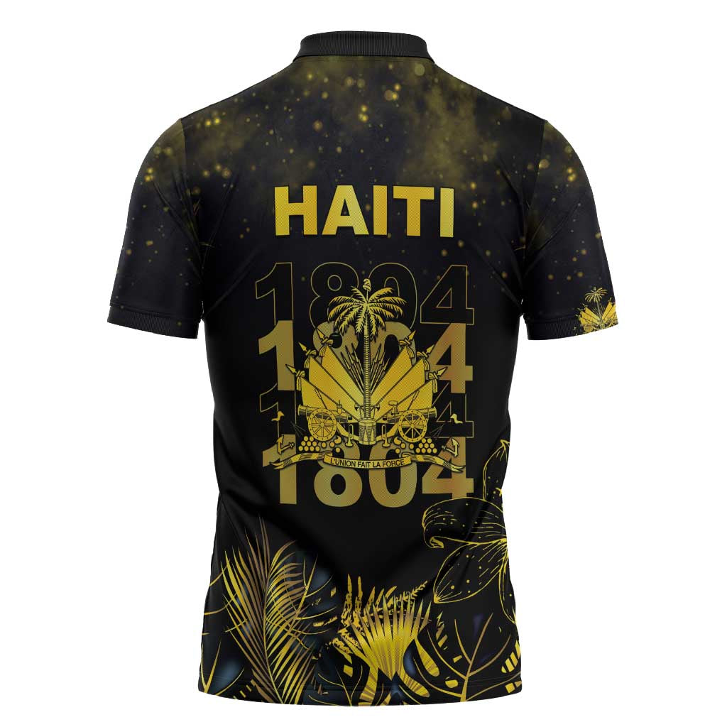 Haiti 1804 Zipper Polo Shirt Gold Tropical Leaves And Coat Of Arms - Wonder Print Shop