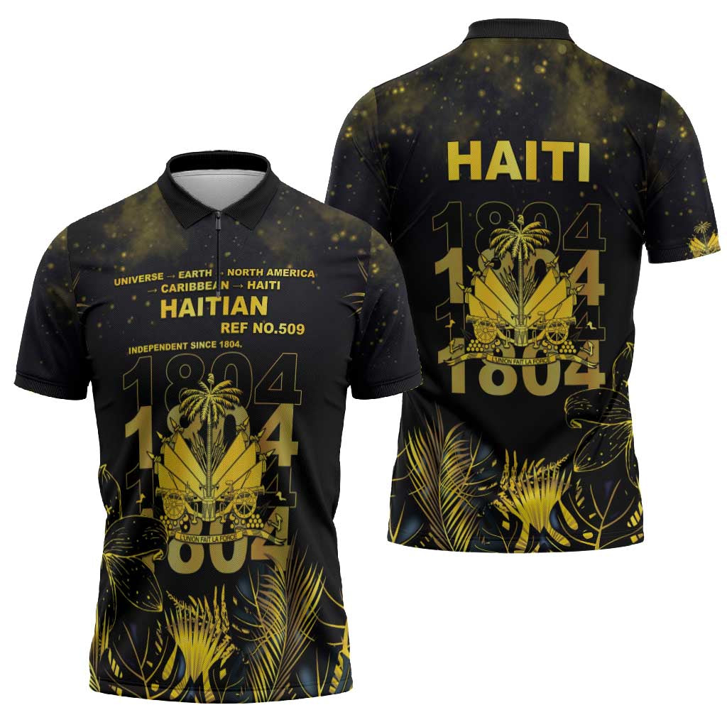 Haiti 1804 Zipper Polo Shirt Gold Tropical Leaves And Coat Of Arms - Wonder Print Shop