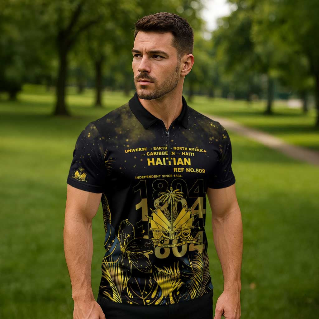 Haiti 1804 Zipper Polo Shirt Gold Tropical Leaves And Coat Of Arms - Wonder Print Shop