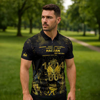 Haiti 1804 Zipper Polo Shirt Gold Tropical Leaves And Coat Of Arms - Wonder Print Shop