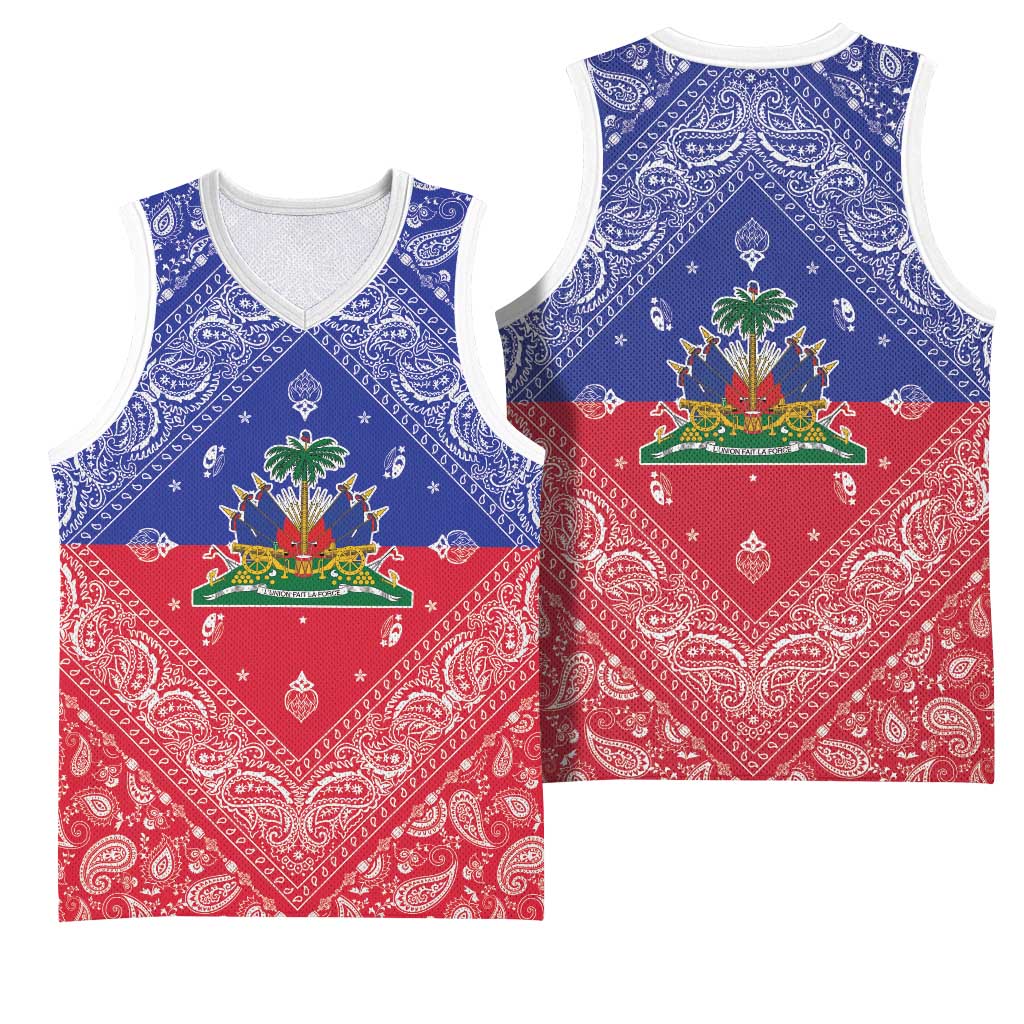 Haiti Paisley Basketball Jersey Haitian Flag Bandana Style - Wonder Print Shop