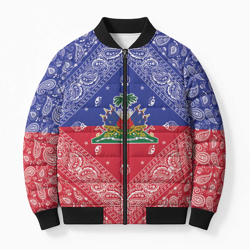 Haiti Paisley Bomber Puffer Jacket Haitian Flag Bandana Style - Wonder Print Shop