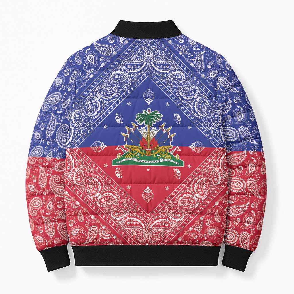 Haiti Paisley Bomber Puffer Jacket Haitian Flag Bandana Style - Wonder Print Shop