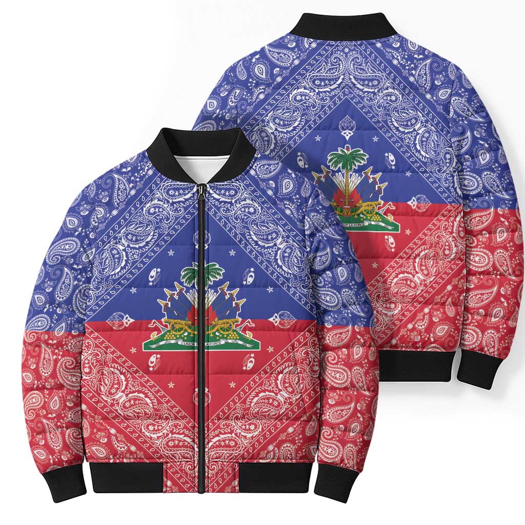 Haiti Paisley Bomber Puffer Jacket Haitian Flag Bandana Style - Wonder Print Shop