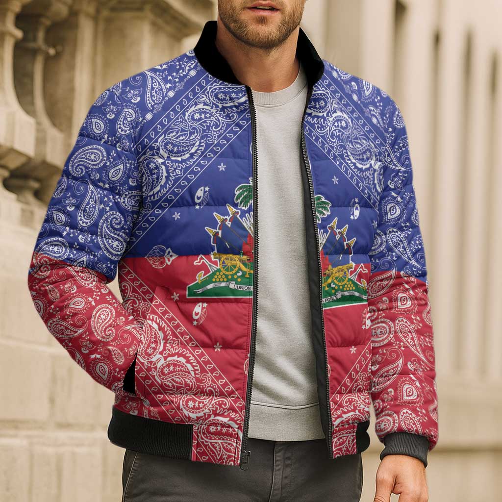 Haiti Paisley Bomber Puffer Jacket Haitian Flag Bandana Style - Wonder Print Shop