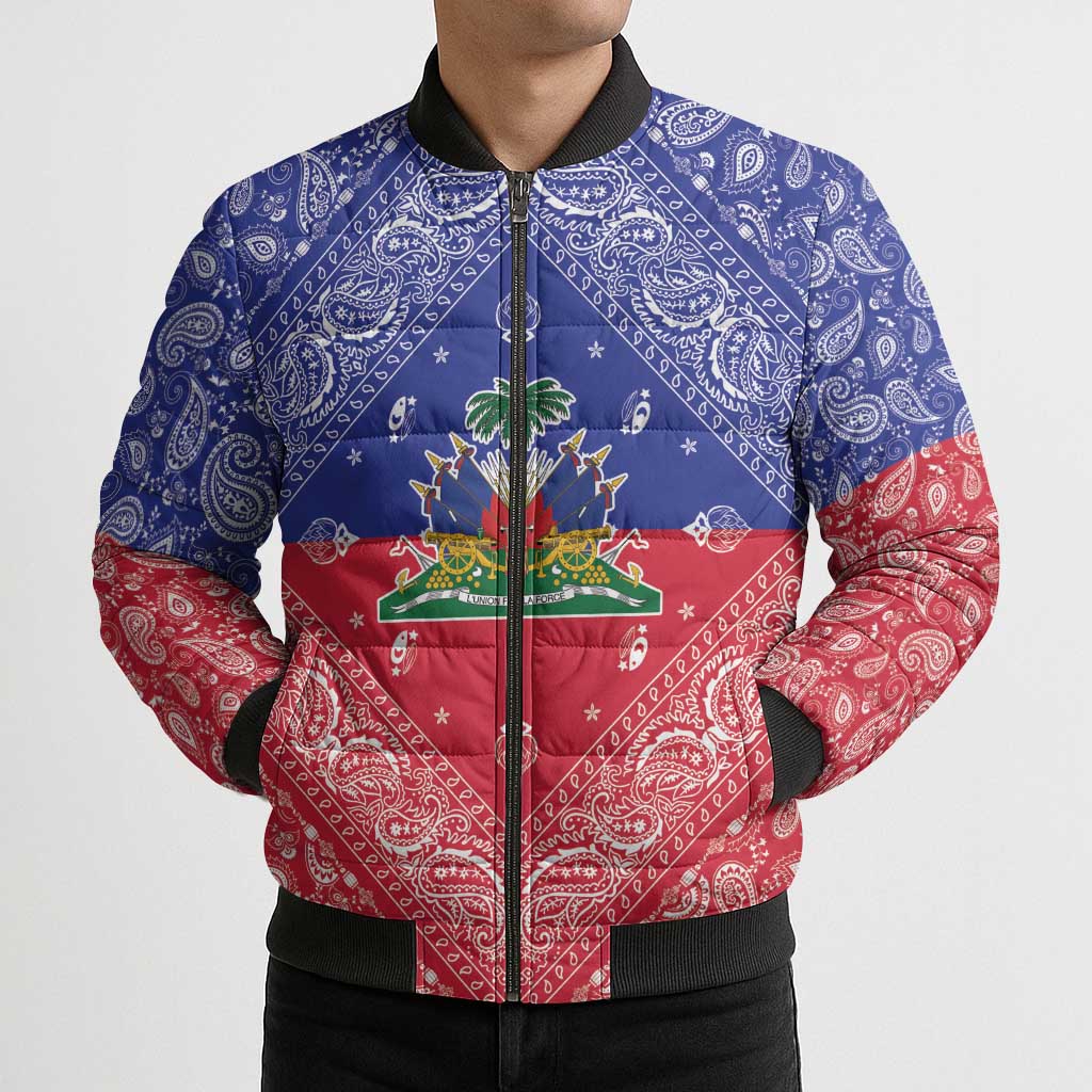 Haiti Paisley Bomber Puffer Jacket Haitian Flag Bandana Style - Wonder Print Shop
