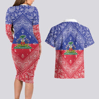 Haiti Paisley Couples Matching Long Sleeve Bodycon Dress and Hawaiian Shirt Haitian Flag Bandana Style - Wonder Print Shop