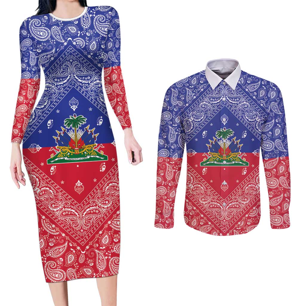 Haiti Paisley Couples Matching Long Sleeve Bodycon Dress and Long Sleeve Button Shirt Haitian Flag Bandana Style - Wonder Print Shop