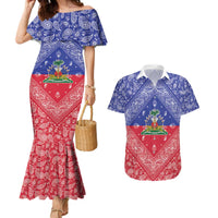 Haiti Paisley Couples Matching Mermaid Dress and Hawaiian Shirt Haitian Flag Bandana Style - Wonder Print Shop