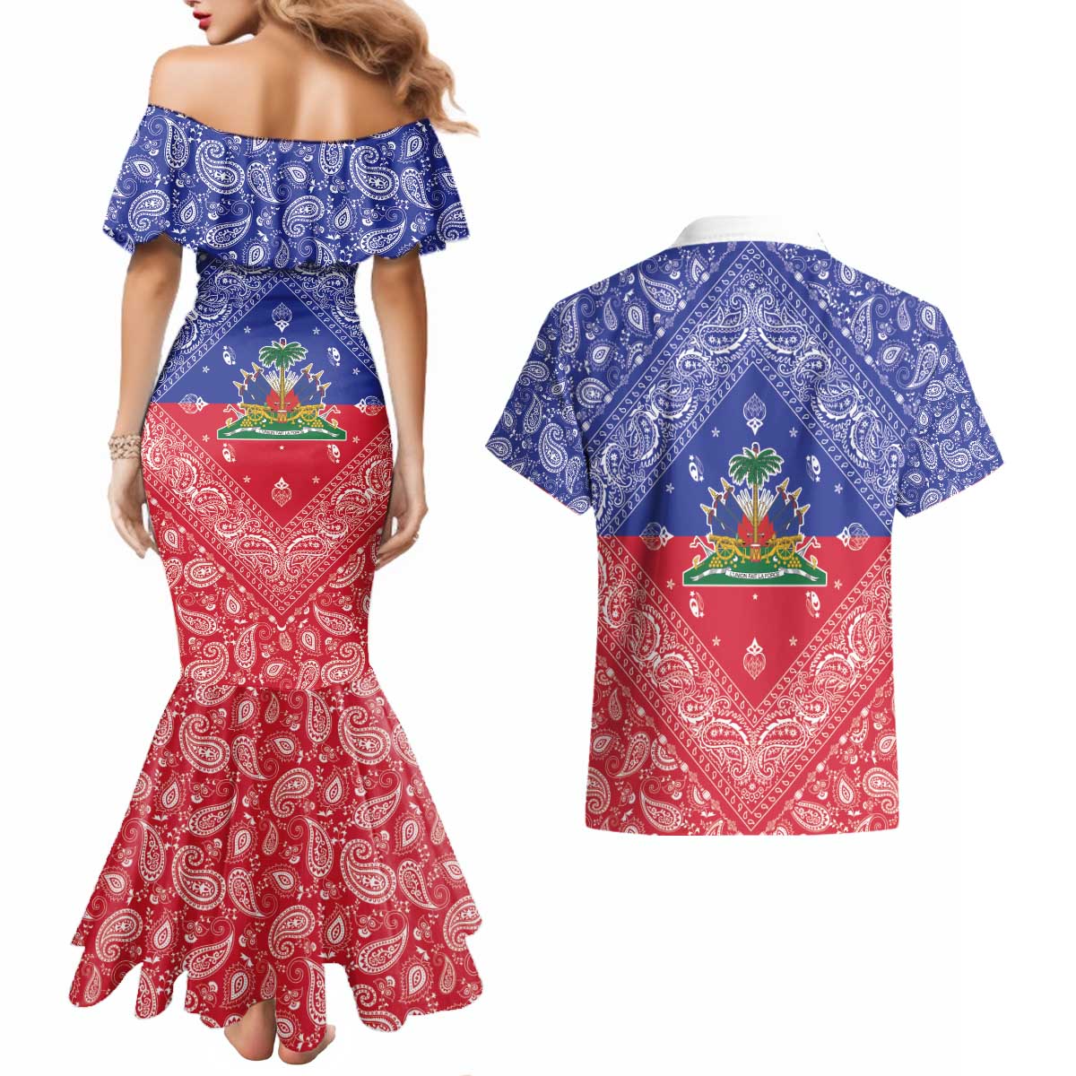 Haiti Paisley Couples Matching Mermaid Dress and Hawaiian Shirt Haitian Flag Bandana Style - Wonder Print Shop