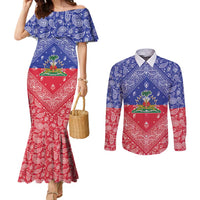 Haiti Paisley Couples Matching Mermaid Dress and Long Sleeve Button Shirt Haitian Flag Bandana Style - Wonder Print Shop