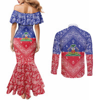 Haiti Paisley Couples Matching Mermaid Dress and Long Sleeve Button Shirt Haitian Flag Bandana Style - Wonder Print Shop