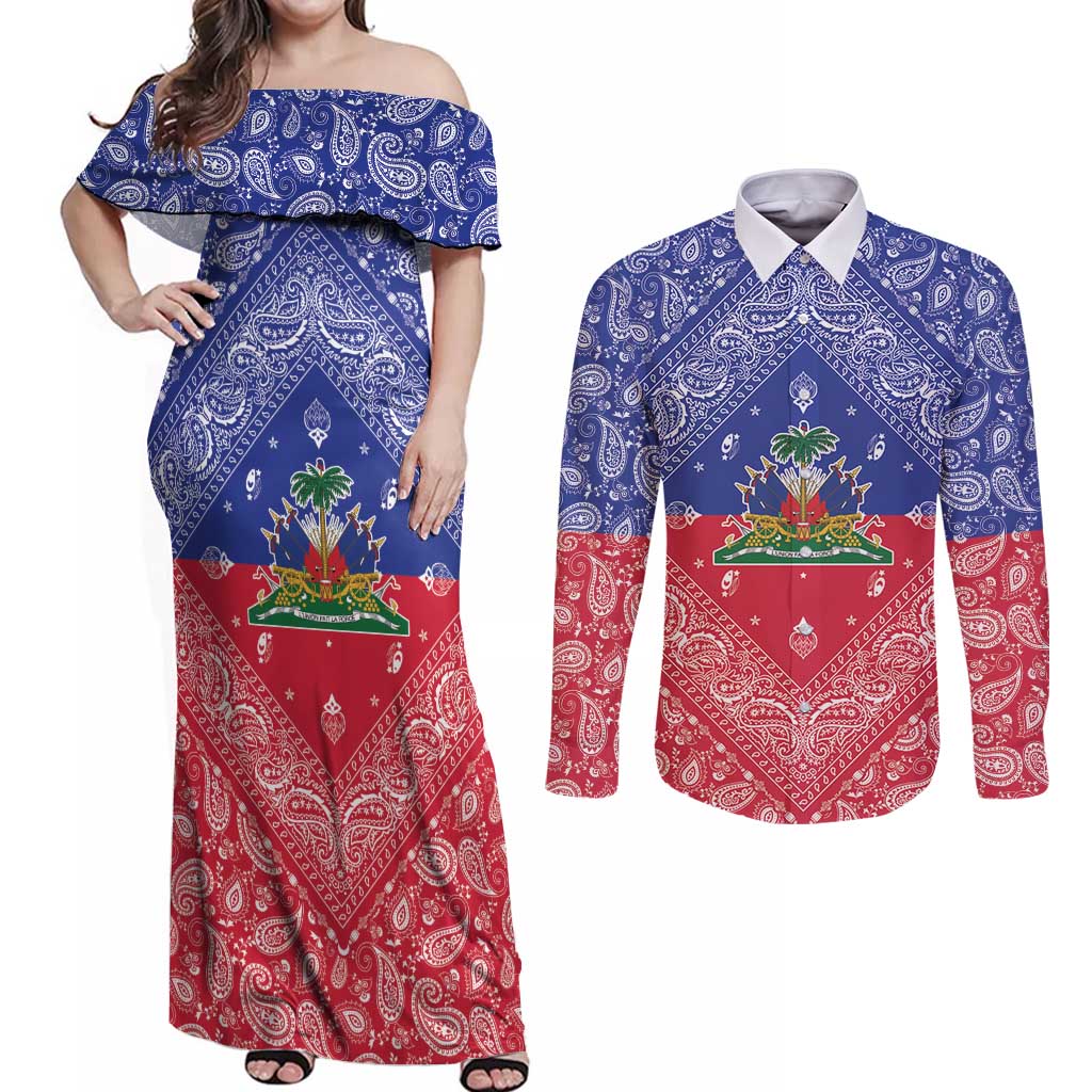 Haiti Paisley Couples Matching Off Shoulder Maxi Dress and Long Sleeve Button Shirt Haitian Flag Bandana Style - Wonder Print Shop
