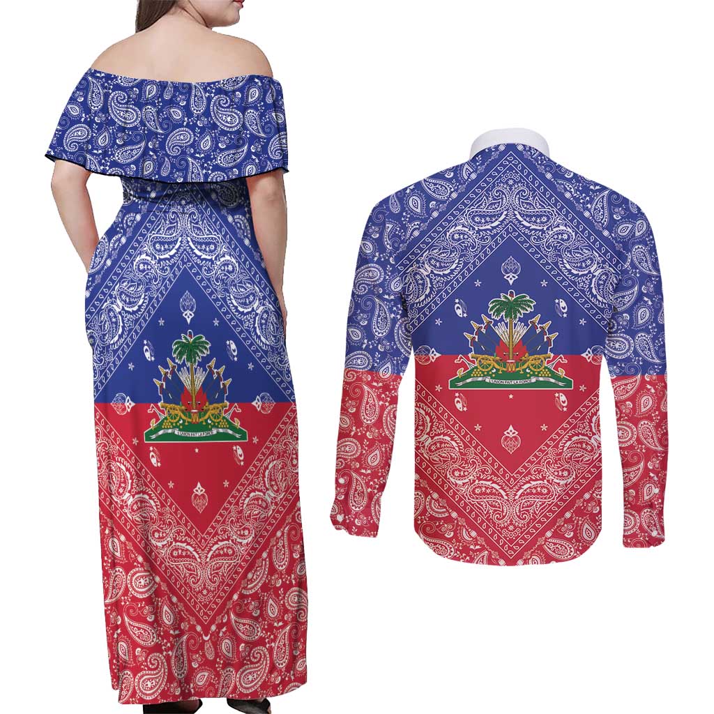 Haiti Paisley Couples Matching Off Shoulder Maxi Dress and Long Sleeve Button Shirt Haitian Flag Bandana Style - Wonder Print Shop