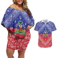 Haiti Paisley Couples Matching Off Shoulder Short Dress and Hawaiian Shirt Haitian Flag Bandana Style - Wonder Print Shop