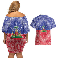 Haiti Paisley Couples Matching Off Shoulder Short Dress and Hawaiian Shirt Haitian Flag Bandana Style - Wonder Print Shop