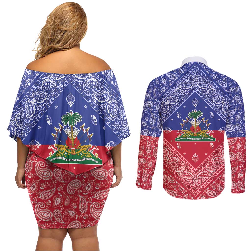Haiti Paisley Couples Matching Off Shoulder Short Dress and Long Sleeve Button Shirt Haitian Flag Bandana Style - Wonder Print Shop