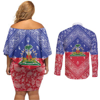 Haiti Paisley Couples Matching Off Shoulder Short Dress and Long Sleeve Button Shirt Haitian Flag Bandana Style - Wonder Print Shop