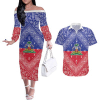 Haiti Paisley Couples Matching Off The Shoulder Long Sleeve Dress and Hawaiian Shirt Haitian Flag Bandana Style - Wonder Print Shop