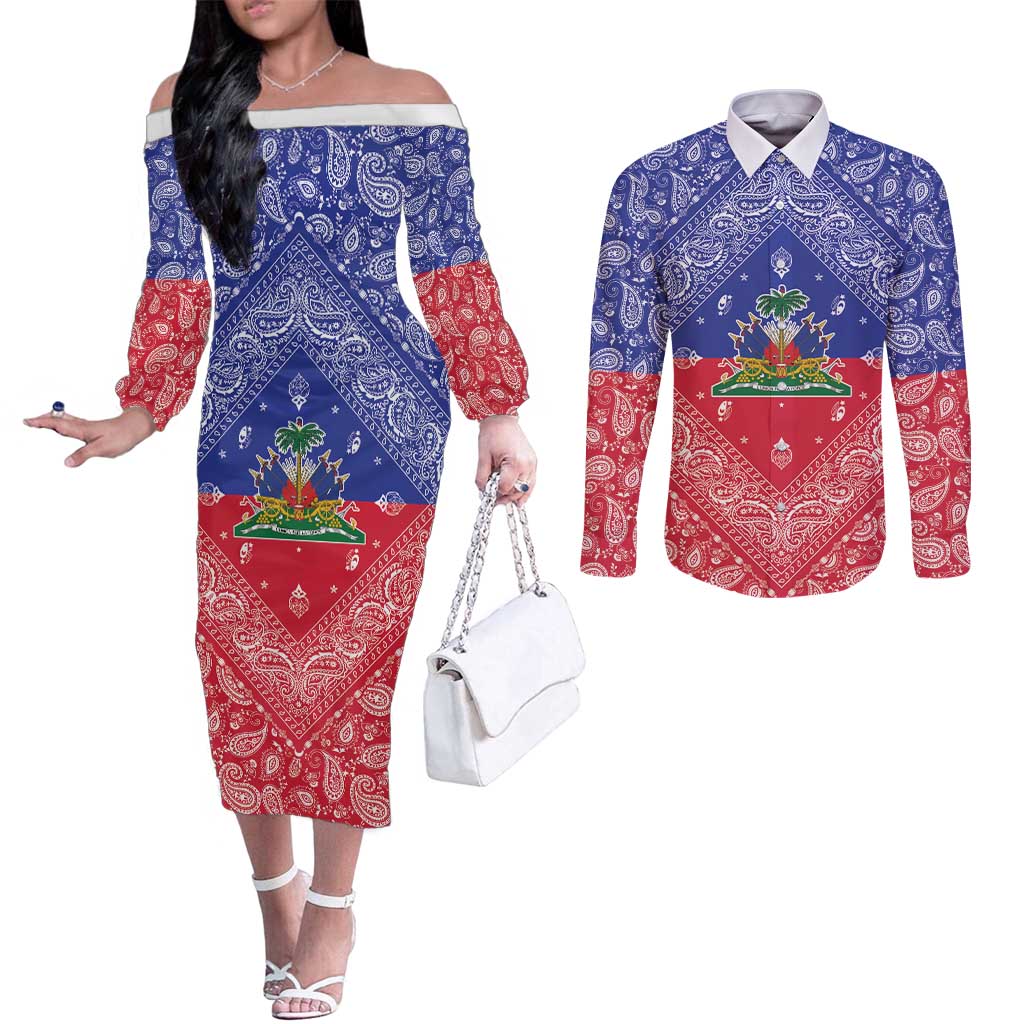 Haiti Paisley Couples Matching Off The Shoulder Long Sleeve Dress and Long Sleeve Button Shirt Haitian Flag Bandana Style - Wonder Print Shop