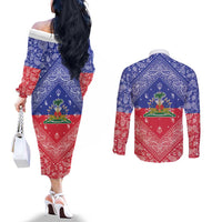 Haiti Paisley Couples Matching Off The Shoulder Long Sleeve Dress and Long Sleeve Button Shirt Haitian Flag Bandana Style - Wonder Print Shop