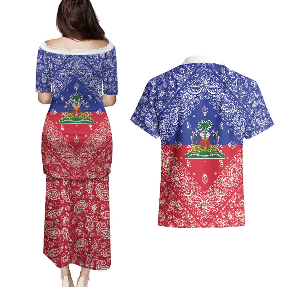 Haiti Paisley Couples Matching Puletasi and Hawaiian Shirt Haitian Flag Bandana Style - Wonder Print Shop