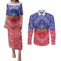 Haiti Paisley Couples Matching Puletasi and Long Sleeve Button Shirt Haitian Flag Bandana Style - Wonder Print Shop