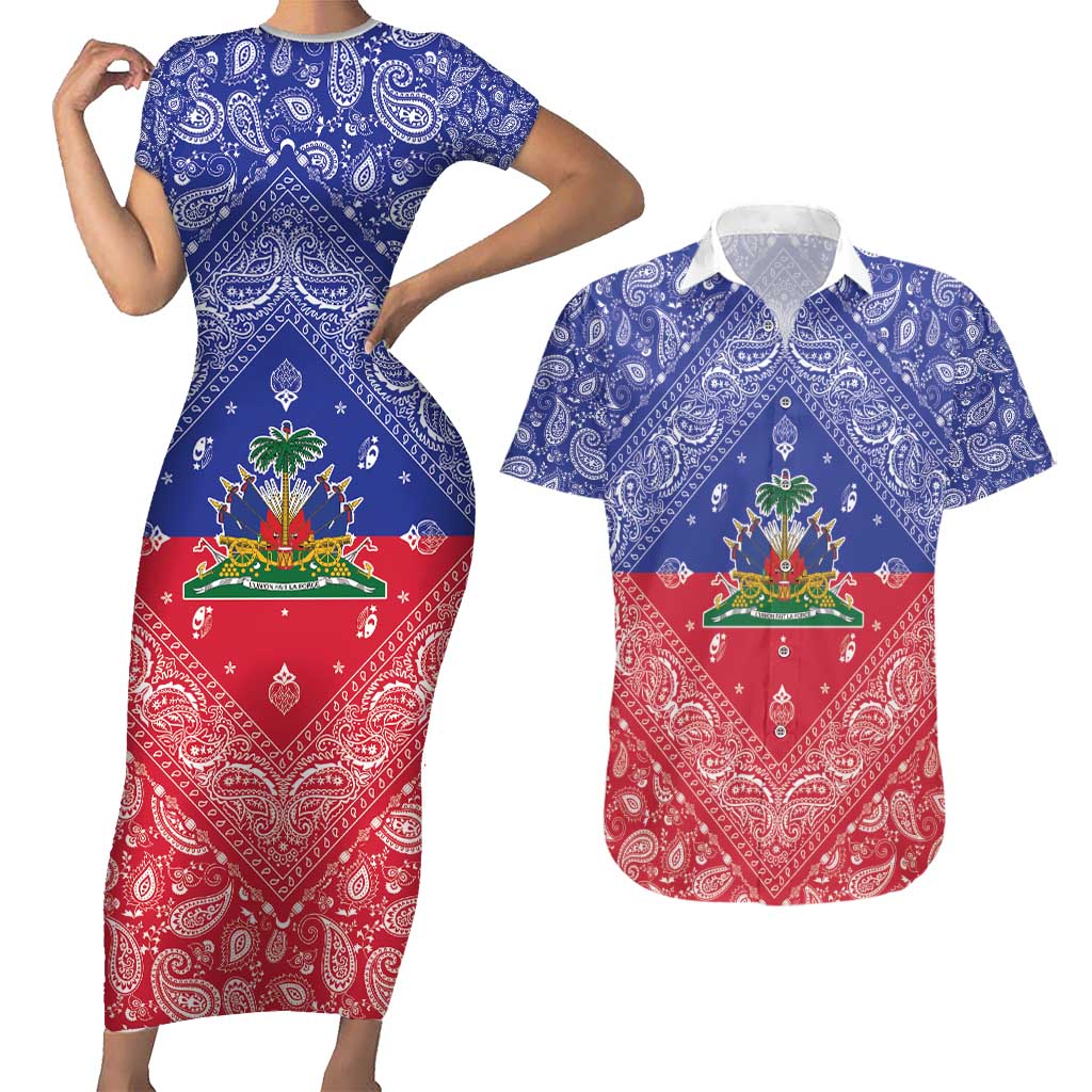 Haiti Paisley Couples Matching Short Sleeve Bodycon Dress and Hawaiian Shirt Haitian Flag Bandana Style - Wonder Print Shop