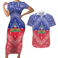 Haiti Paisley Couples Matching Short Sleeve Bodycon Dress and Hawaiian Shirt Haitian Flag Bandana Style - Wonder Print Shop