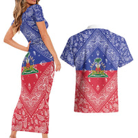 Haiti Paisley Couples Matching Short Sleeve Bodycon Dress and Hawaiian Shirt Haitian Flag Bandana Style - Wonder Print Shop