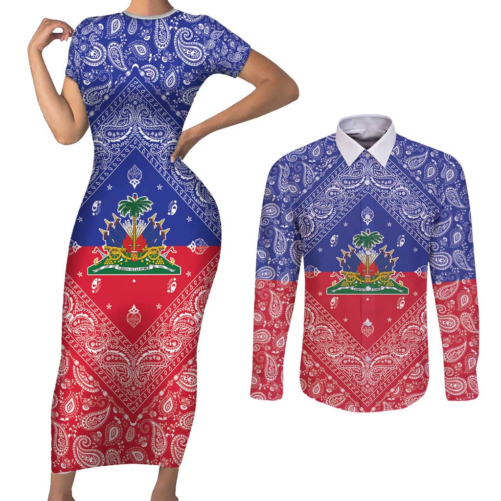 Haiti Paisley Couples Matching Short Sleeve Bodycon Dress and Long Sleeve Button Shirt Haitian Flag Bandana Style - Wonder Print Shop