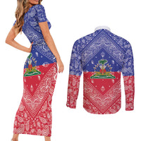 Haiti Paisley Couples Matching Short Sleeve Bodycon Dress and Long Sleeve Button Shirt Haitian Flag Bandana Style - Wonder Print Shop