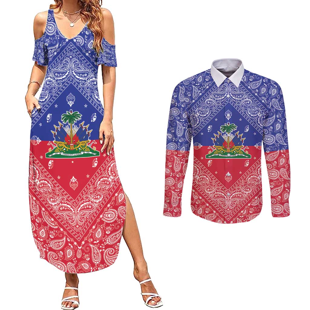 Haiti Paisley Couples Matching Summer Maxi Dress and Long Sleeve Button Shirt Haitian Flag Bandana Style - Wonder Print Shop