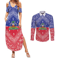 Haiti Paisley Couples Matching Summer Maxi Dress and Long Sleeve Button Shirt Haitian Flag Bandana Style - Wonder Print Shop