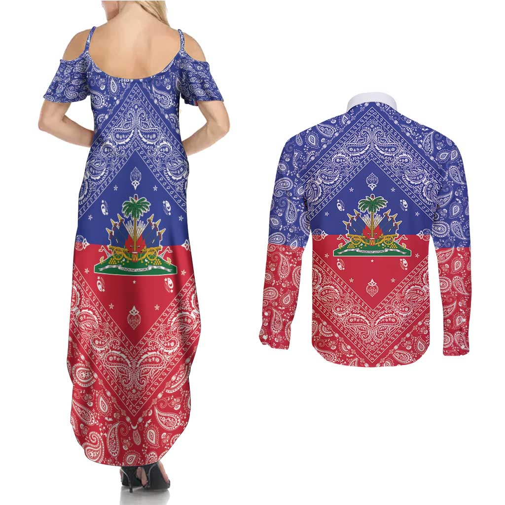 Haiti Paisley Couples Matching Summer Maxi Dress and Long Sleeve Button Shirt Haitian Flag Bandana Style - Wonder Print Shop