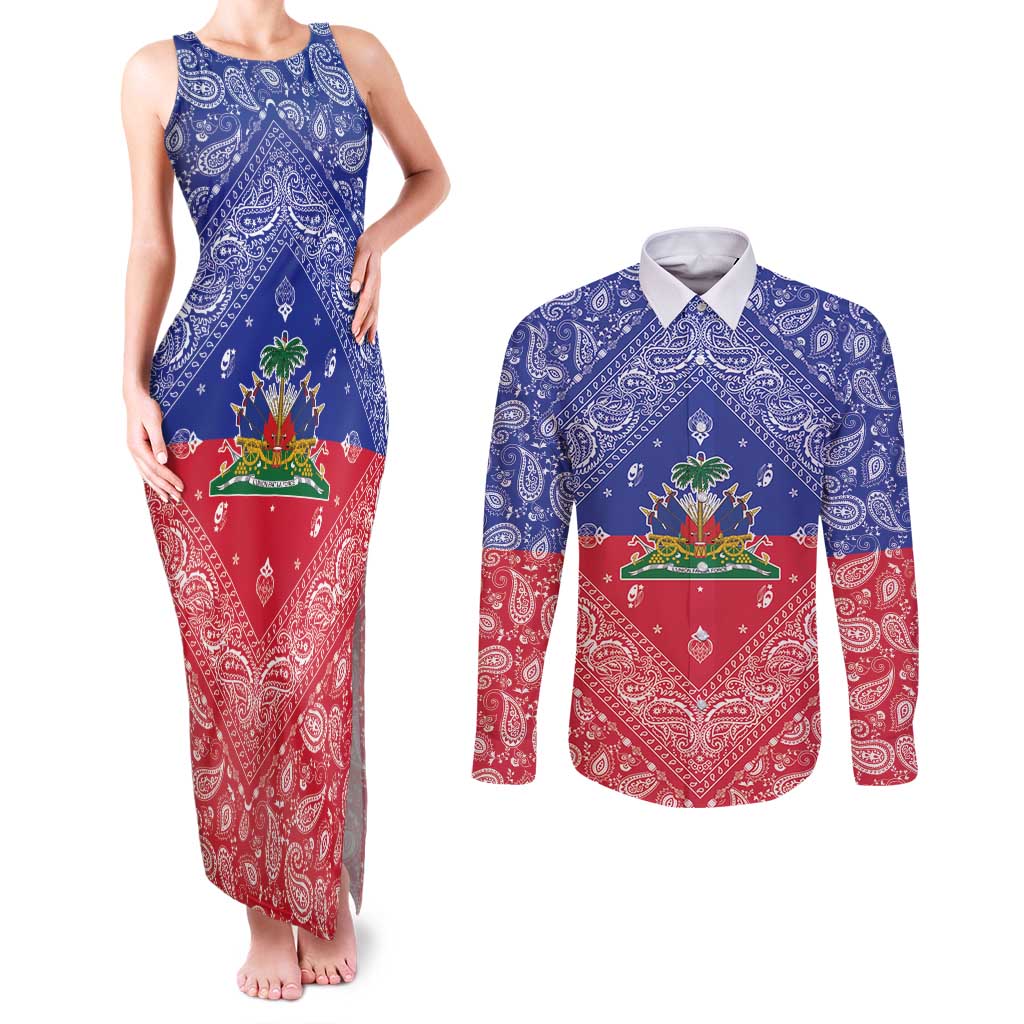 Haiti Paisley Couples Matching Tank Maxi Dress and Long Sleeve Button Shirt Haitian Flag Bandana Style - Wonder Print Shop