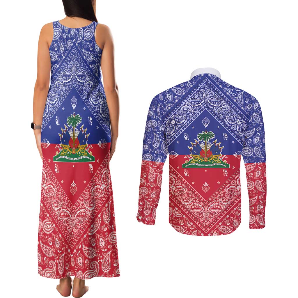 Haiti Paisley Couples Matching Tank Maxi Dress and Long Sleeve Button Shirt Haitian Flag Bandana Style - Wonder Print Shop