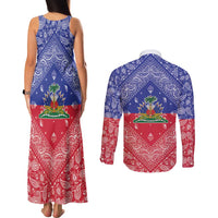 Haiti Paisley Couples Matching Tank Maxi Dress and Long Sleeve Button Shirt Haitian Flag Bandana Style - Wonder Print Shop