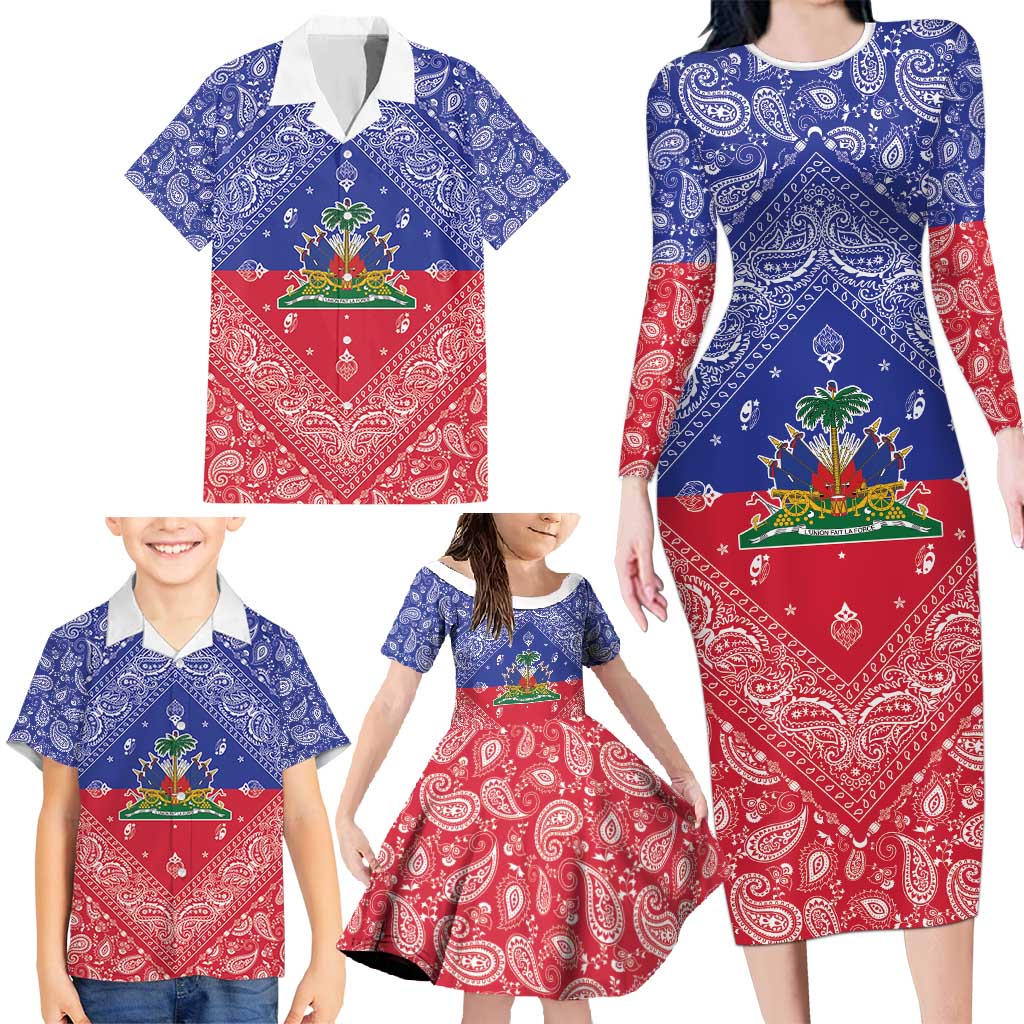 Haiti Paisley Family Matching Long Sleeve Bodycon Dress and Hawaiian Shirt Haitian Flag Bandana Style - Wonder Print Shop