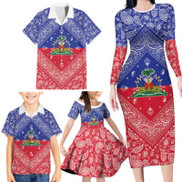 Haiti Paisley Family Matching Long Sleeve Bodycon Dress and Hawaiian Shirt Haitian Flag Bandana Style - Wonder Print Shop