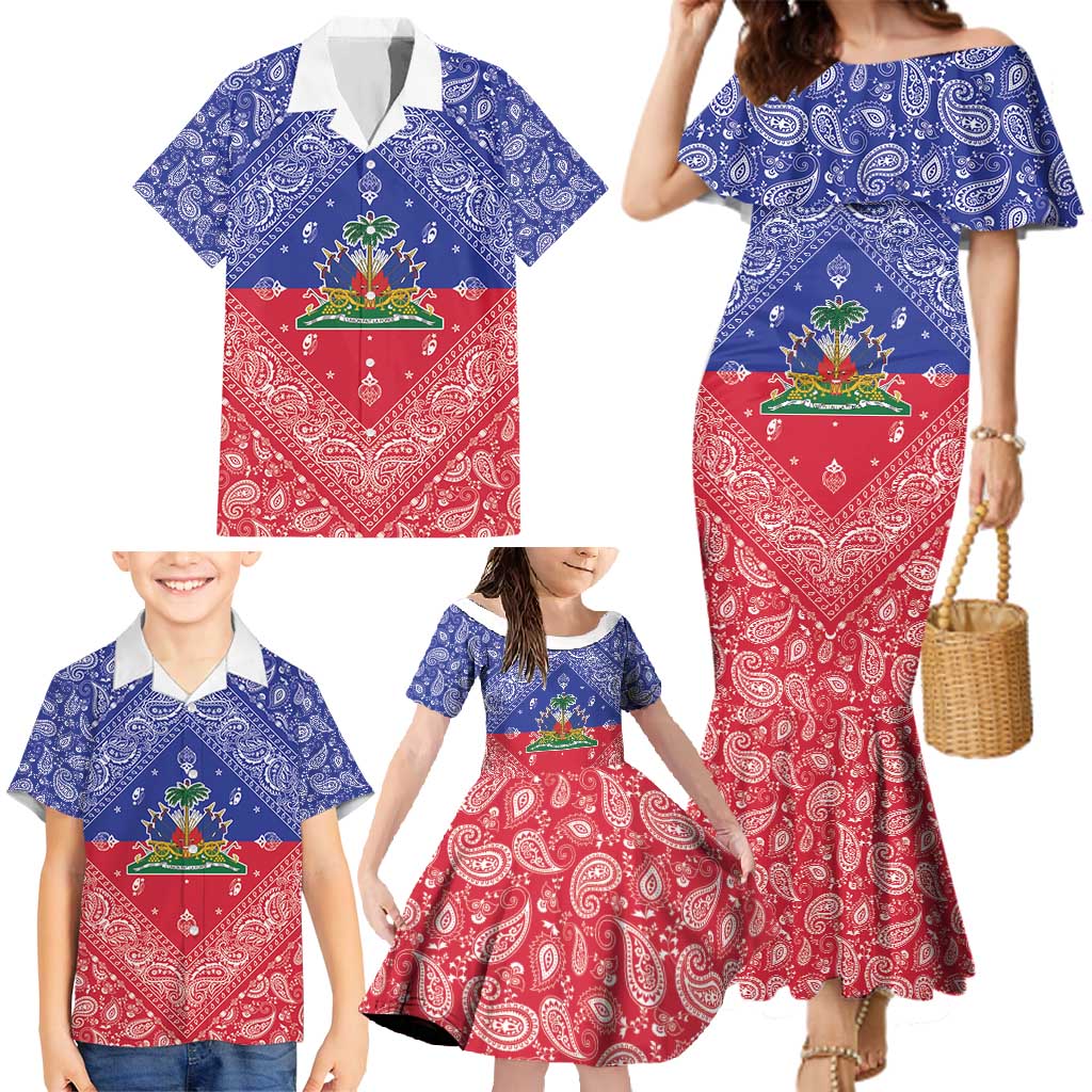 Haiti Paisley Family Matching Mermaid Dress and Hawaiian Shirt Haitian Flag Bandana Style - Wonder Print Shop