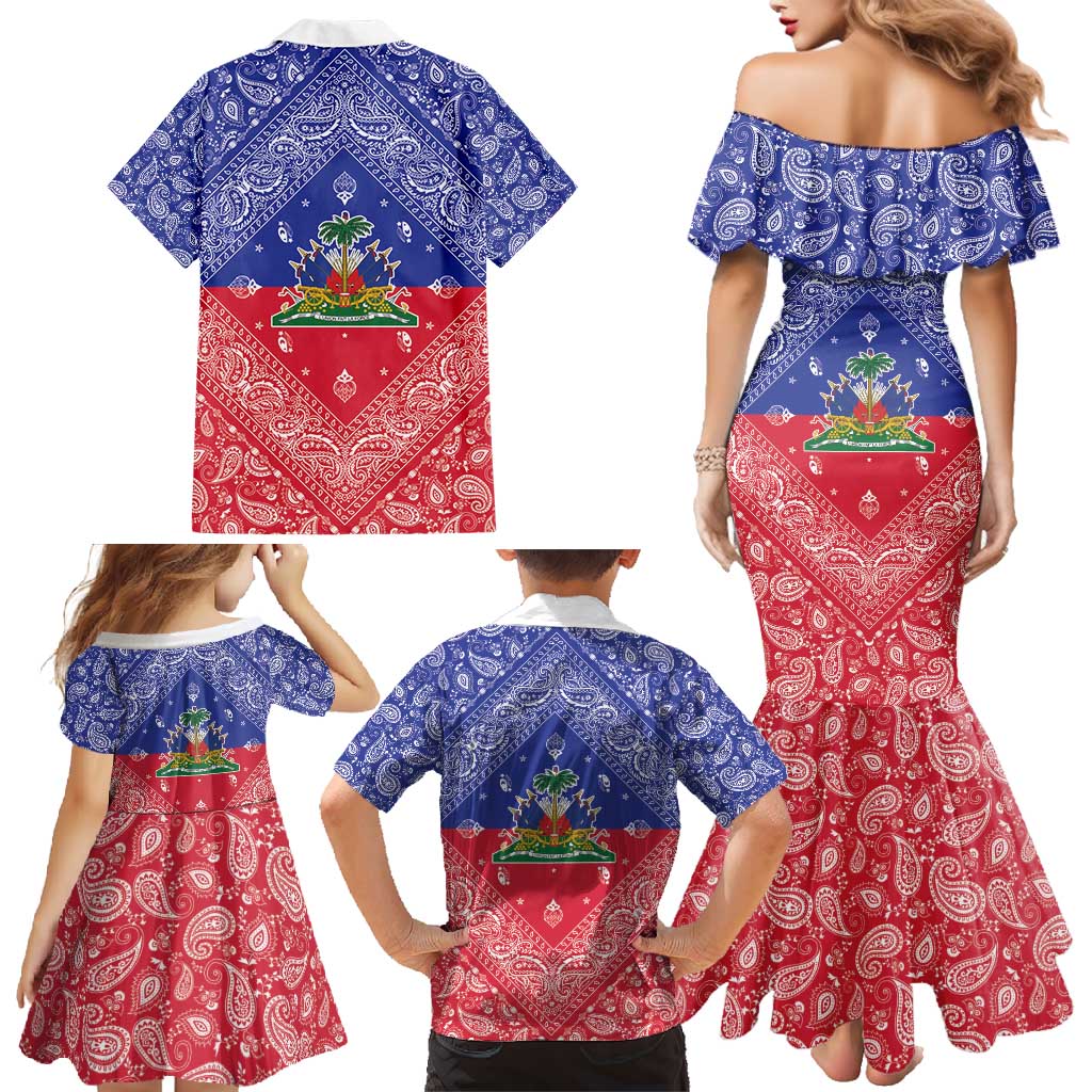 Haiti Paisley Family Matching Mermaid Dress and Hawaiian Shirt Haitian Flag Bandana Style - Wonder Print Shop